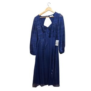 NSR Nordstrom‎ Navy Blue Metallic Stripe Long Sleeve Open Back Midi Dress Medium
